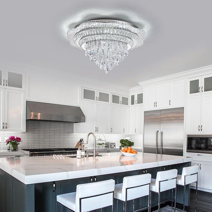 30" Sliver Crystal LED Ceiling Light Fixture with Remote Control,Large Flush Mount Chandelier with 3-Color Dimmable for Living Room Bedroom Dining Room