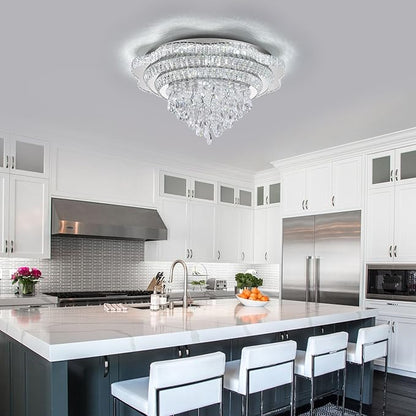 30" Sliver Crystal LED Ceiling Light Fixture with Remote Control,Large Flush Mount Chandelier with 3-Color Dimmable for Living Room Bedroom Dining Room