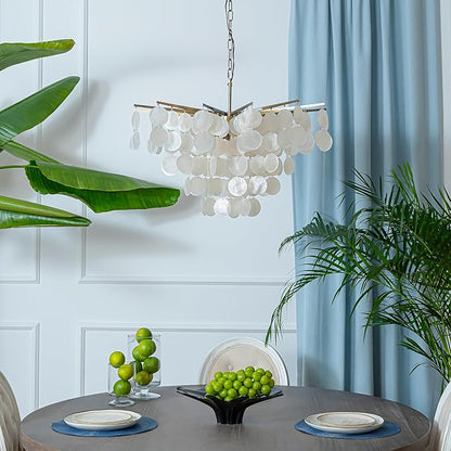 ALOADECOR 6-Light 30" Cone Shape 5-Tier Coastal Capiz Shells Chandelier with Antique Gold Metal Farmhouse Natural Seashell for Dining Room Living Room