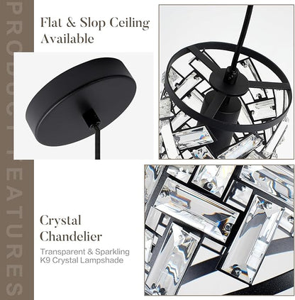 2 Pack Black Crystal Pendant Lights Kitchen Island, Modern Mini Chandelier, Adjustable Hanging Ceiling Light Fixture for Kitchen Dining Room Bedroom Foyer Bar, L6.1 x H11.8