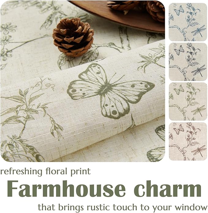 jinchan Floral Kitchen Curtains for Windows 24 Inch Farmhouse Country Linen Tier Curtains Botanic Small Window Drapes for Living Room Bathroom Laundry RV Rod Pocket Rustic 2 Panels Green on Beige