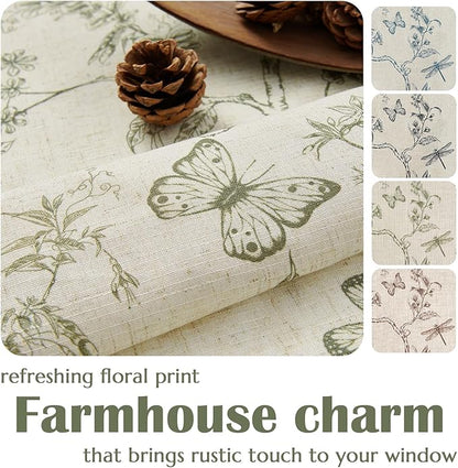jinchan Floral Kitchen Curtains for Windows 24 Inch Farmhouse Country Linen Tier Curtains Botanic Small Window Drapes for Living Room Bathroom Laundry RV Rod Pocket Rustic 2 Panels Green on Beige