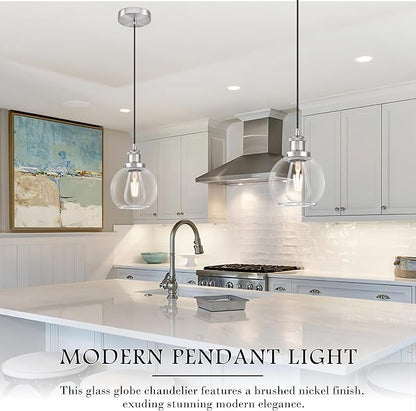 Bagood Brand 6 inch Mid Century Modern Globe Pendant Light, Brushed Nickel Finish, Clear Glass, Kitchen Island Lighting, Includes Bulb, Adjustable Cord, Monopoint with Canopy