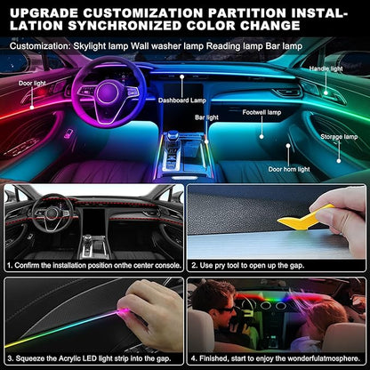 Dreamcolor Acrylic Interior Car LED Strip Light with Wireless APP, RGB 6 in 1 with 175 inches 600 LEDs Fiber Optic Car Ambient Lighting Kits, Sound Active Function LED Strip for Car Accessories