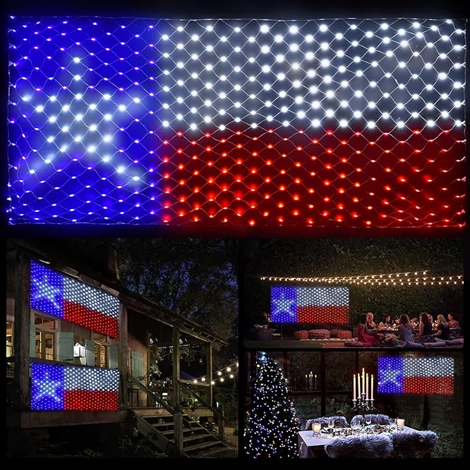 Leisure world 384 LED Texas Flag Net Lights – 6.6ft x 3.3ft, 8 Modes, Waterproof, Super Bright for 250th Anniversary, 4th of July, Christmas Party & Holiday Decorations