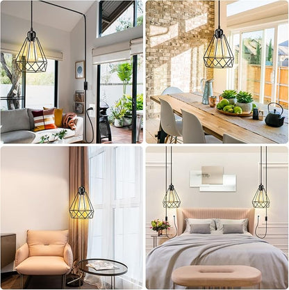 Plug in Pendant Light, Industrial Hanging Light with Plug in Cord, Black 15FT On/Off Switch Farmhouse Pendant Light, Hanging Lamps for Dining Room