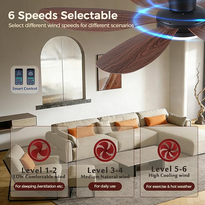 GJeg Ceiling Fans with Lights,42" Flush Mount Ceiling Fan with Light and Remote Control,Low Profile, Reversible, Dimmable, Noiseless, Black Ceiling Fan for Bedroom