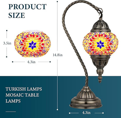 Marrakech Tiffany Lamp Turkish Table Lamps with Vintage Style, Handmade Moroccan Mosaic Lamp with Swan Neck Bronze Base Including LED Bulb for Living Room Bedroom Decor (Orange)