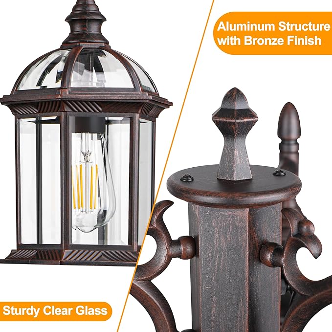 Aluminum Outdoor Lamp Post Birdcage, Hardwired Street Light for Outside, 3-Head Pole Light Modern Lamp Post Outdoor Lighting with Clear Glass Panels for Garden Patio Backyard Walkway Driveway