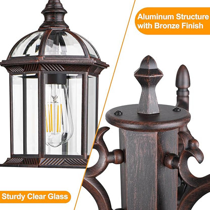 Dusk to Dawn Outdoor Lamp Post Light with 3 LED Bulbs, Triple Head Aluminum Street Light Post for Outside with Sensor, Waterproof Birdcage Pole Lighting Fixture for Backyard Garden Patio Bronze