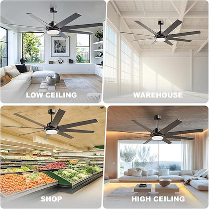 72 Inch Ceiling Fan with Light and Remote Smart App, 8-Blade Large Ceiling Fan for Living Room Patio, Quiet DC Motor Natural Breeze Circulation, Wobble-Free Heavy Duty, 3CCT Dimmable, Black Modern Fan