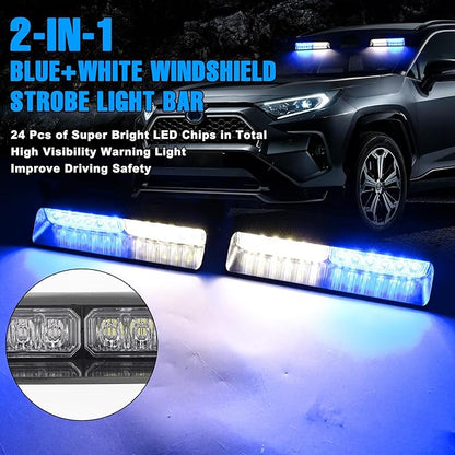 2-in-1 Blue & White LED Windshield Dash Strobe Lights, 2 x 8.4 Inch Window Interior Light, 26 Modes 12/24V Emergency Traffic Advisor Front/Rear Window Dash Strobe Lights for Trucks Vehicles