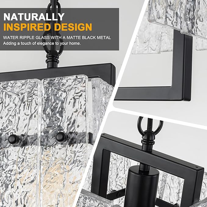 Modern Black Pendant Lights Kitchen Island, Crystal Kitchen Island Lighting with Water Ripple Glass Pendant Light Fixtures Elegant Chandeliers for Dining Room Hallway, Height Adjustable UL Listed