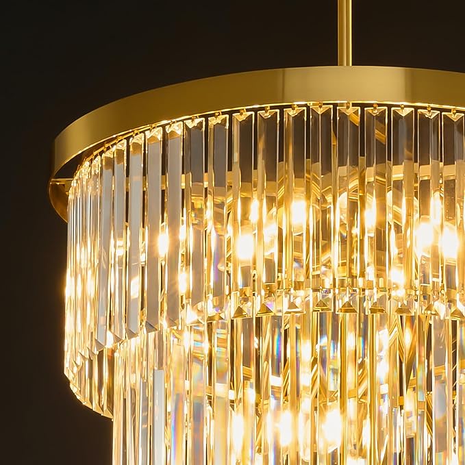 High Ceiling Chandelier Crystal Modern: 24" 5-Tiered Dimmable Staircase Chandeliers - Large Long Gold Hanging Pendant Light Fixture For Entryway Foyer Living Room - Round Flush Mount Ceilings Lights