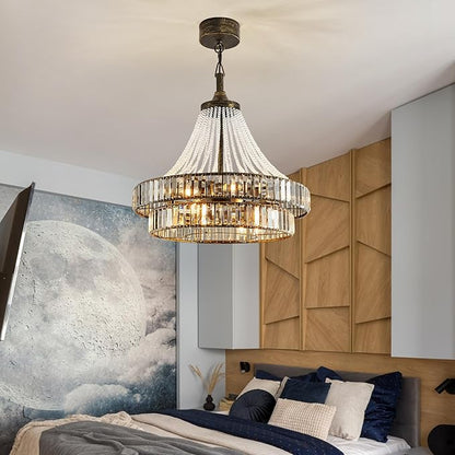 24“ Retro Crystal Chandelier Ceiling Fan with Lights, Remote & App Control, 6-Speed Reversible Large Fandelier, Double Layer Design for Bedroom, Living Room (Black Gold)