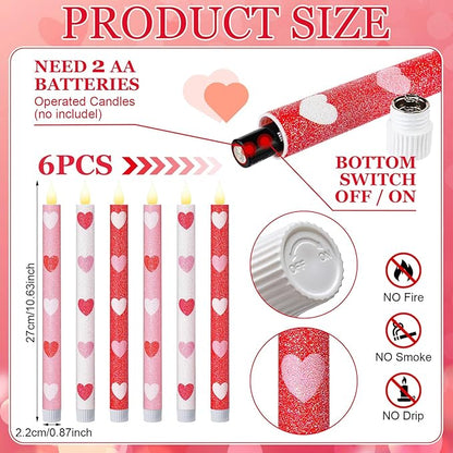 Honoson 6 Pcs Heart Glitter Flameless Taper Candles 10.6 Inch Valentines Day Candles Battery Operated LED Candlesticks for Valenties Wedding Bridal Birthday Baby Shower Party Dinner Table Home Decor