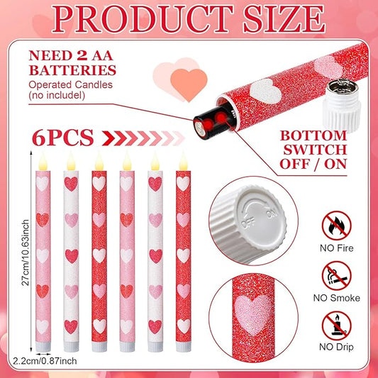 Honoson 6 Pcs Heart Glitter Flameless Taper Candles 10.6 Inch Valentines Day Candles Battery Operated LED Candlesticks for Valenties Wedding Bridal Birthday Baby Shower Party Dinner Table Home Decor