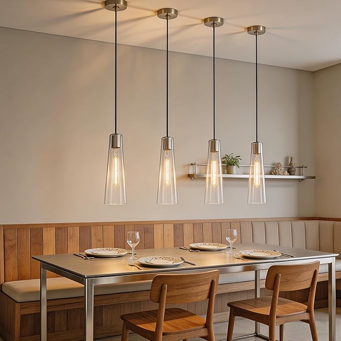 Modern Glass Pendant Lights Kitchen Island, Dimmable Brushed Nickel Pendant Light Fixtures 1 Pack, Adjustable Farmhouse Hanging Light Fixture with Clear Glass Shades for Hallway Dining Room