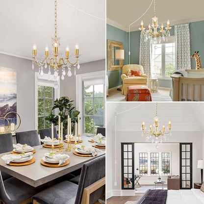 Plug in Modern 5-Light Gold Chandelier with Glass Crystals, Candle Style Pendant Light Fixtures for Living Room, Girls Room, Kitchen Island, Entryway
