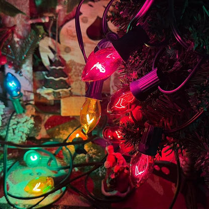 SUNSGNE 25Ft Multicolor Christmas Lights, C7 Incandescent Christmas Light with 27 Clear Vintage Outdoor Colorful Lights (2 Spare) for Holiday Prom Party Wedding Decor, Green Wire