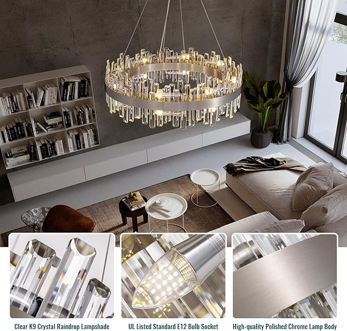 Siljoy Modern Crystal Chandelier 16-Light Brushed Nickel 2-Tiers K9 Crystal Raindrop Chandelier Luxury Flush Mount Crystal Pendant Ceiling Light Fixture for Dining Living Room Entryway Foyer D31.5''
