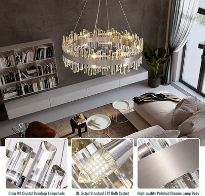 Siljoy Modern Crystal Chandelier 16-Light Brushed Nickel 2-Tiers K9 Crystal Raindrop Chandelier Luxury Flush Mount Crystal Pendant Ceiling Light Fixture for Dining Living Room Entryway Foyer D31.5''