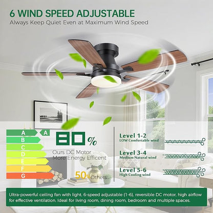 Ceiling Fans with Lights, 48 Inch Ceiling Fan with Light And Remote/APP,Low Profile Ceiling Fan with Light,DC Reversible,6 Speed Noiseless LED Ceiling Fan,Brown Small Ceiling Fan for Bedroom