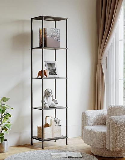 Display Shelf with RGBW Light, Color Changing Curio Cabinet Floor Lamp with Shelves Corner Standing Column Lamp Etagere Organizer Tower Nightstand Bookcase for Living Room Bedroom Office Décor Black