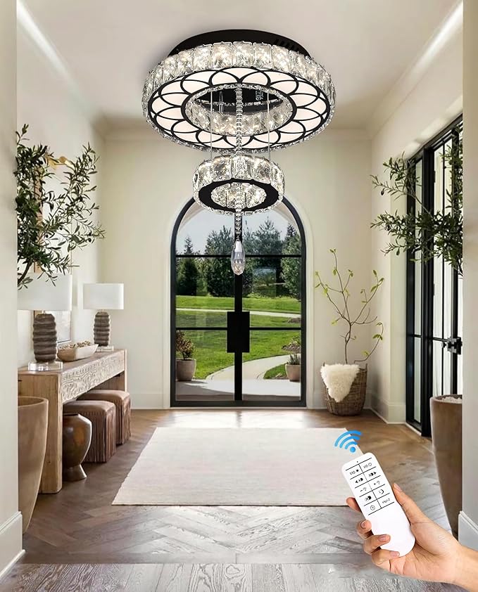 Flashing God Dia 12" Crystal Mini Chandelier Crystal Black Ceiling Light Fixtures LED Flush Mount Ceiling Light for Living Room Bedrooms Dining Room Dimmable 2700k 4500k 6000k