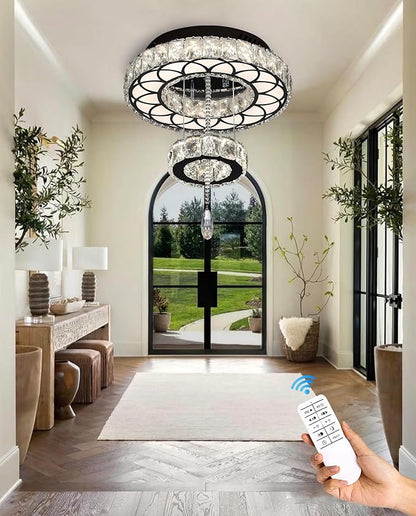 Flashing God Dia 12" Crystal Mini Chandelier Crystal Black Ceiling Light Fixtures LED Flush Mount Ceiling Light for Living Room Bedrooms Dining Room Dimmable 2700k 4500k 6000k