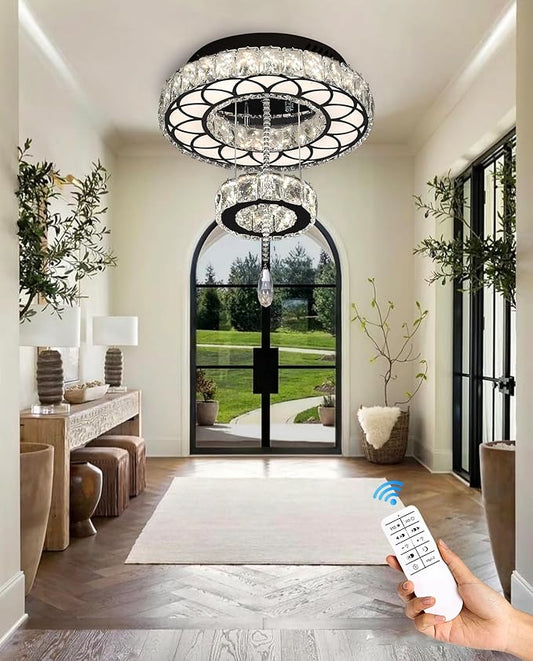 Flashing God Dia 12" Crystal Mini Chandelier Crystal Black Ceiling Light Fixtures LED Flush Mount Ceiling Light for Living Room Bedrooms Dining Room Dimmable 2700k 4500k 6000k