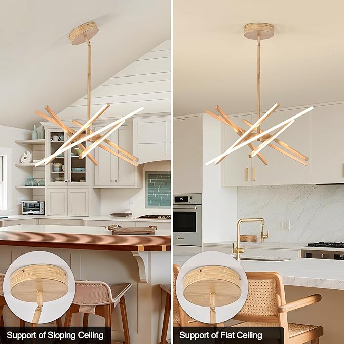 Modern Wood Grain Chandeliers Ceiling LED Pendant Light Embedded Mount Chandeliers,LED 6-Lights Linear Pendant Light for Kitchen Island Dining Room Bedroom Living Room Entryway,L23.62"*0.59"/6