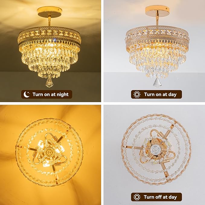 Modern Crystal Chandelier, Farmhouse Ceiling Light, Flush Mount Light Fixture,11.8W x 9H inches, 4-Layer K9 Crystal, Indoor Ceiling Light Pendant for Bedroom, Hallway, Closet (Gilded Antique)