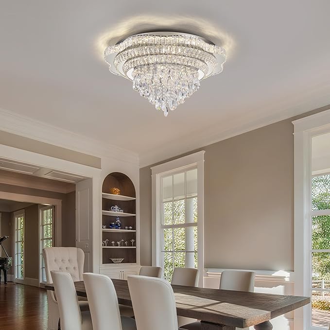 Silver 30" Modern Flush Mount Chandelier for Living Room, LED Crystal Ceiling Light for Bedroom,Elegant Dining Room Lighting Fixture with Remote Control, 3CCT Dimmable