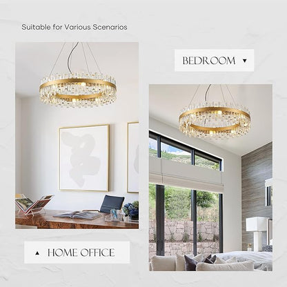 31.9" Gold Modern Crystal Chandelier Light Fixtures Luxury 2 Rings Crystal Chandeliers for Dining Room 16-Light Round Hanging Pendant Lighting for Living Room Kitchen Island Entryway Bedroom