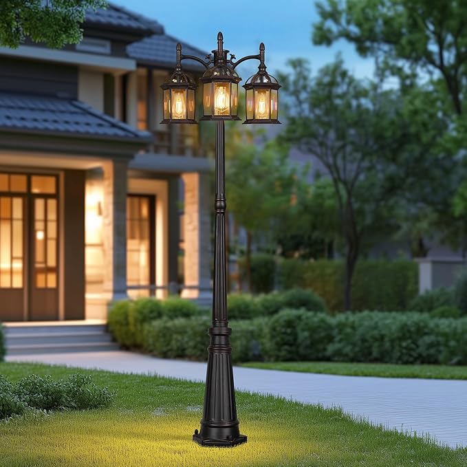 Aluminum Outdoor Lamp Post Birdcage, Hardwired Street Light for Outside, 3-Head Pole Light Modern Lamp Post Outdoor Lighting with Clear Glass Panels for Garden Patio Backyard Walkway Driveway
