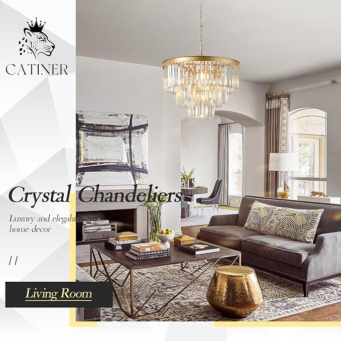 CATINER Modern Crystal Chandeliers,Gold 20” Round Chandeliers for Dining Room 3 Tiers 7 Lights Luxury K9 Crystal Ceiling Pendant Light Fixture for Foyer Bedroom Closet