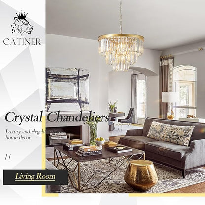 CATINER Modern Crystal Chandeliers,Gold 20” Round Chandeliers for Dining Room 3 Tiers 7 Lights Luxury K9 Crystal Ceiling Pendant Light Fixture for Foyer Bedroom Closet