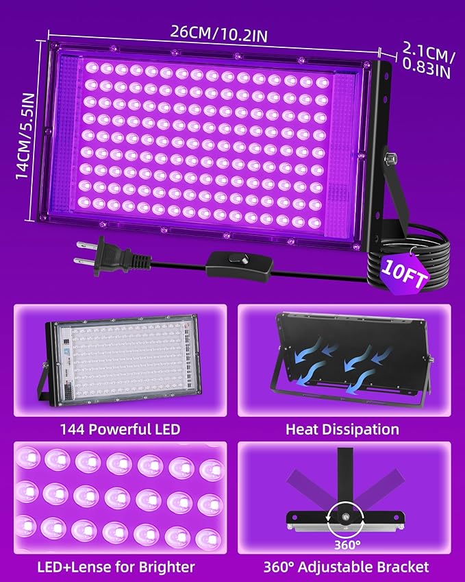 THECHAM 150W LED Black Lights IP66 Waterproof Black Light Outdoor with 10ft Plug+Switch, Flood Blacklight for Halloween Glow in The Dark Party Stage Light Neon Glow Birthday 2 Pack