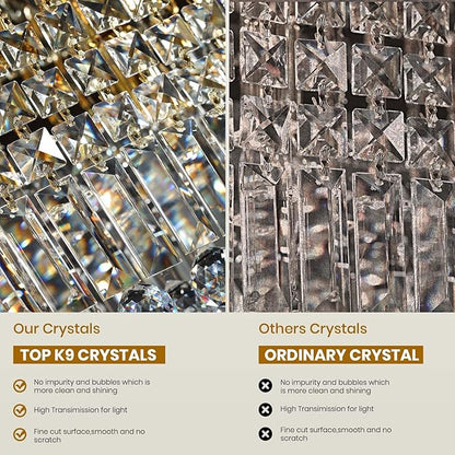 7PM Rectangle K9 Crystal Chandelier Modern Gold Crystal Chandelier Rectangular Pendant Lighting Fixture for Dining Room Kitchen Island Bedroom L40'' x W10'' x H10''