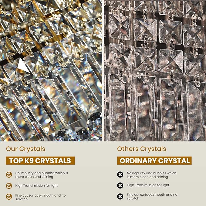 7PM Modern Gold Crystal Chandelier Rectangle Chandeliers for Dining Room Rectangular Pendant Lighting Fixture for Kitchen Island Bedroom L31.5'' x W10'' x H10''