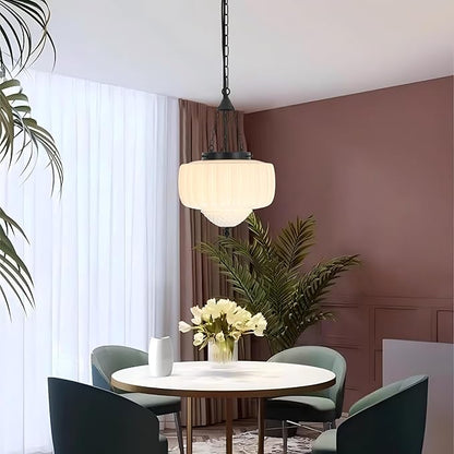FCTWAKS Milk Glass Pendant Light, 12" Mid Century Modern Schoolhouse Ceiling Light Fixtures, Black Finish with Frosted Glass, Vintage Chandelier for Kitchen Island Dining Room, Bulb Included