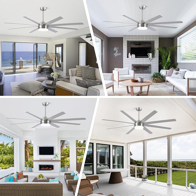 YUHAO 72 Inch Brushed Nickel Ceiling Fan with Light and Remote Control.Noiseless,Dimmable,3CCT,6 Speeds Reversible, DC Ceiling Fans for Indoor or Covered Outdoor