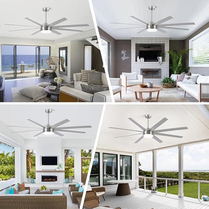 YUHAO 72 Inch Brushed Nickel Ceiling Fan with Light and Remote Control.Noiseless,Dimmable,3CCT,6 Speeds Reversible, DC Ceiling Fans for Indoor or Covered Outdoor