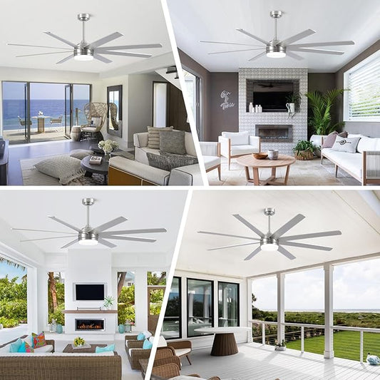 YUHAO 72 Inch Brushed Nickel Ceiling Fan with Light and Remote Control.Noiseless,Dimmable,3CCT,6 Speeds Reversible, DC Ceiling Fans for Indoor or Covered Outdoor