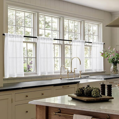 White Linen Kitchen Window Curtains 2 Panels Rod Pocket Linen Cafe Curtains 24 Inch Length Light Filtering Semi Sheer Boho Off White Short Tier Drapes for Small Window Basement Bathroom RV 26Wx24L