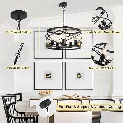 19.7'' Black Farmhouse Chandelier - 5-Light Industrial Drum Black Chandeliers for Dining Room Hanging Light Fixture for Entryway Kitchen Foyer Bedroom Living Room