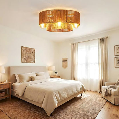 GarveeHome 【Flicker-Free • Hand-Woven Rattan】 20'' Boho Rattan Ceiling Fan with Light and Remote - Flush Mount Caged Ceiling Fan with 6 Speeds for Bedroom, Living Room