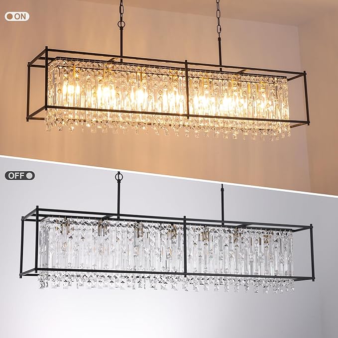Crystal Chandeliers for Dining Room,50IN Modern Black Chandelier for Living Room, Adjustable Height, 7-Light Pendant Light Fixture,Rectangle Lighting for Kitchen Island Living Room