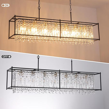 Crystal Chandeliers for Dining Room,50IN Modern Black Chandelier for Living Room, Adjustable Height, 7-Light Pendant Light Fixture,Rectangle Lighting for Kitchen Island Living Room